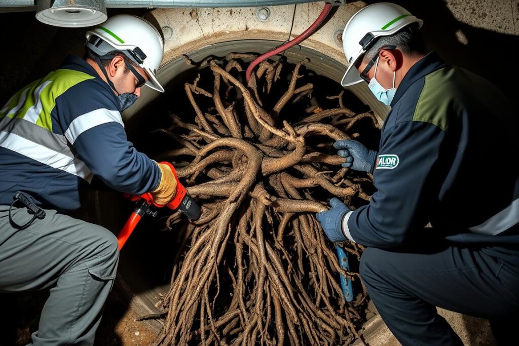 raízes em tubulações sendo removidas por profissionais raízes em tubulações sendo removidas por profissionais